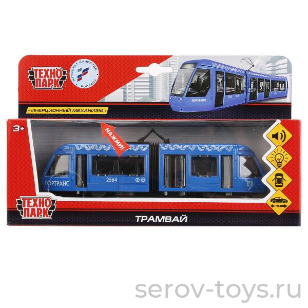 Модель Трамвай Технопарк SB-17-51-WB(IC) с гармошкой синий свет звук 19см в кор