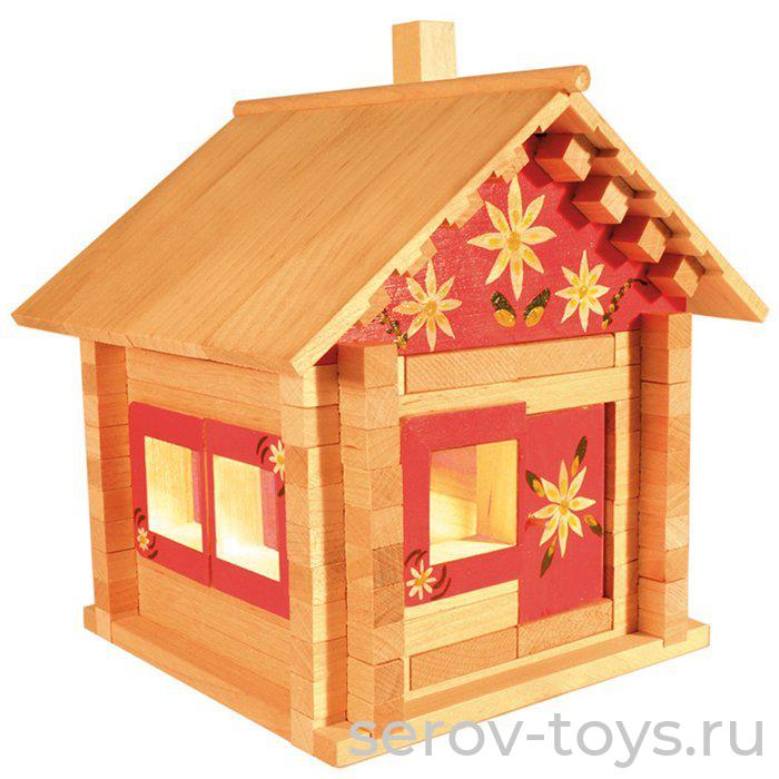 Конструктор дерев. Избушка теремок с мебелью, росписью и электропроводкой 95 дет К582мрэ Pelsi