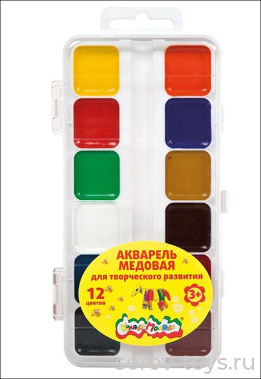 Акварель медовая 12 цветов АМККМ12Е Каляка-маляка