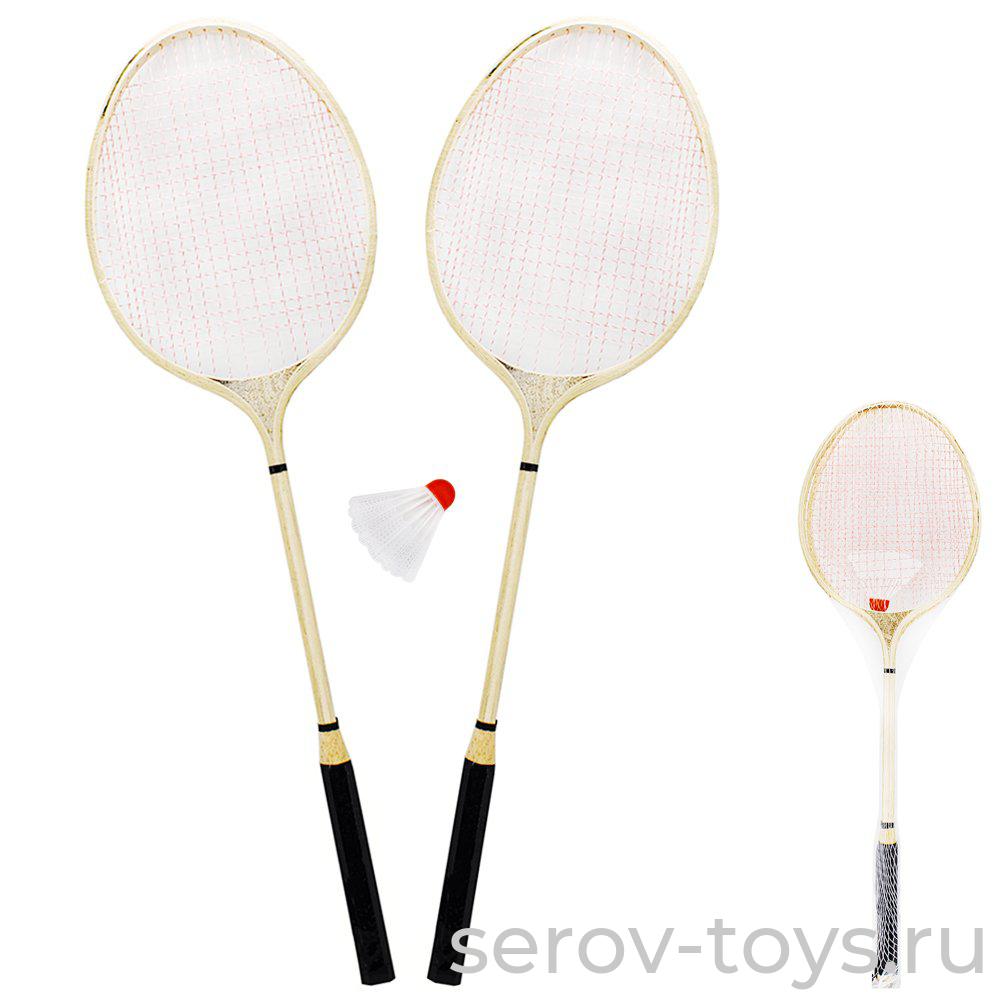 Бадминтон деревянный 141-213Р с воланом в сетке**