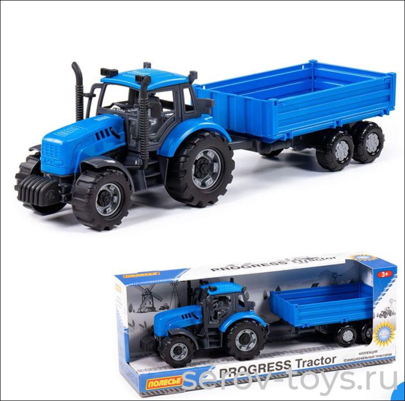 Трактор Прогресс с бортовым прицепом инерц синий 91253 в кор