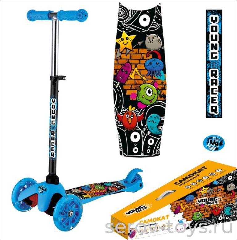 Самокат 3-х колесный S909G-1 Синий кикборд до 50кг ручка регулируется 118мм в кор Young Racer
