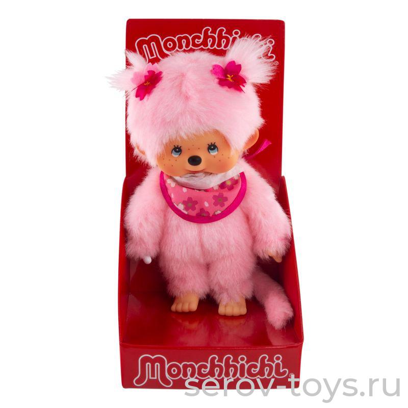 Обезьянка Monchhichi 20 см 242894 девочка с розовой шёрсткой в слюнявчике сакура