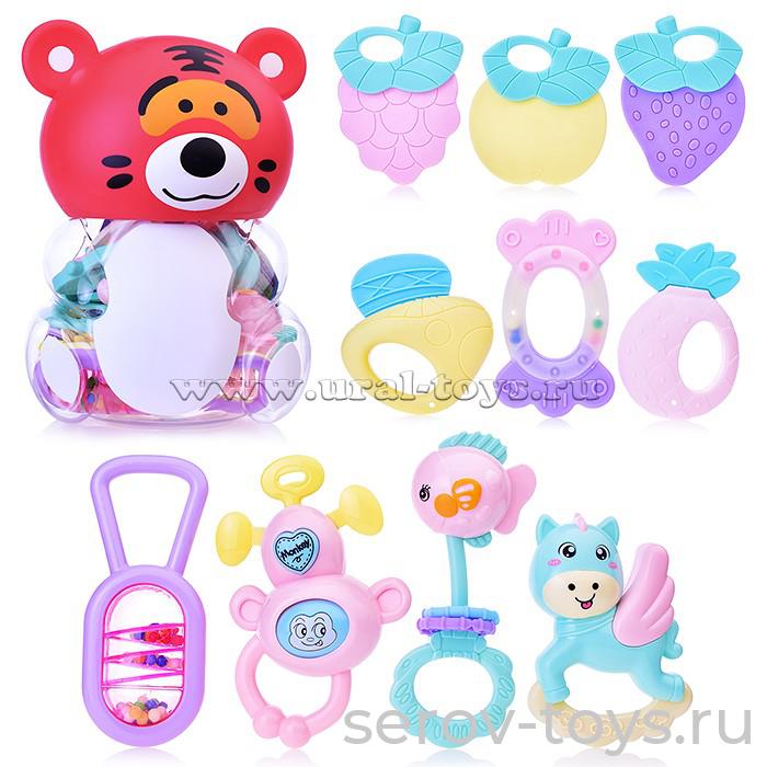 Набор погремушек и прорезывателей 658-44 12 шт в бутылке-копилке Тигр Baby Toys