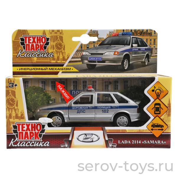 Модель Технопарк 2114-12SLPOL-SR Полиция LADA-2114 Классика Серебристая свет звук в кор