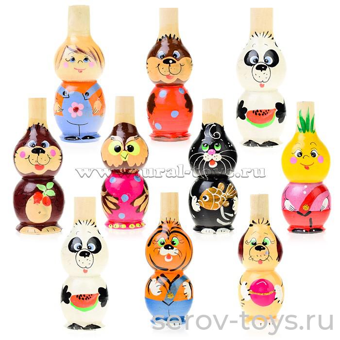 Свистулька Зверюшки 121885 окрашенная 8см дерево в пак