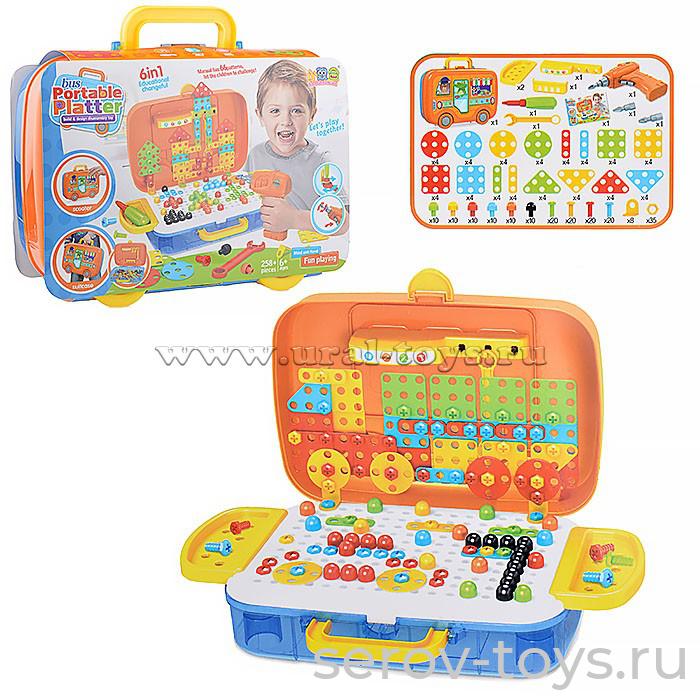 Конструктор-мозаика U045216Y 6 в 1 с шуруповертом на бат 258 дет в чемодане