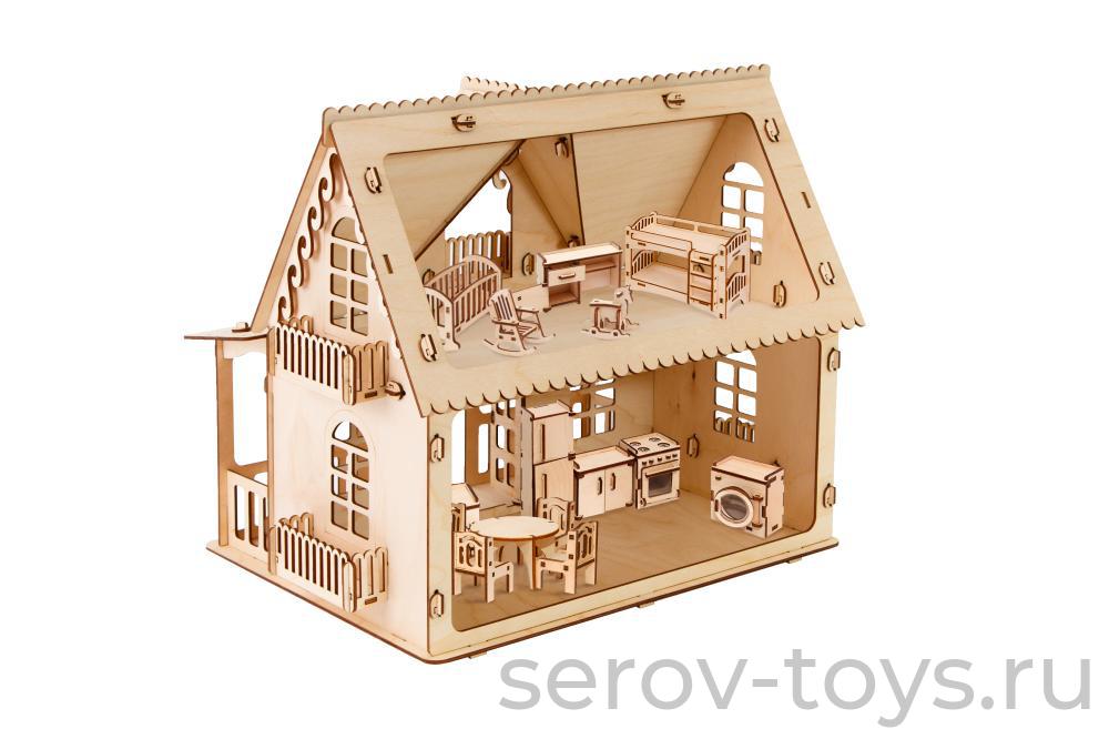 Конструктор дерев Н-28 Деревенский домик с мебелью 273 дет Для кукол 10см Pollika