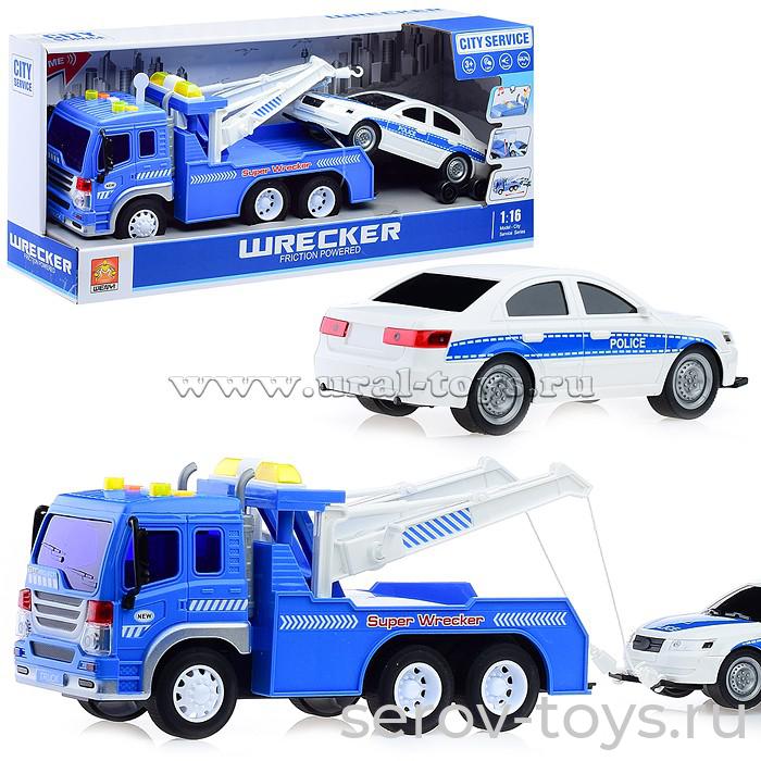 Машина инерц 1:16 WY570E Буксировщик Полиция с машиной свет звук Wenyi