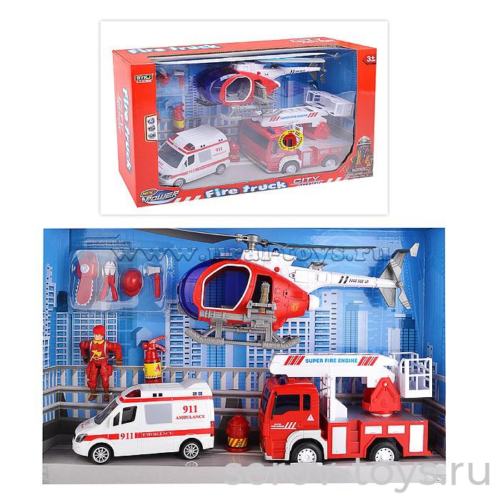 Набор Пожарный 9929 Фигура пожарного с транспортом и аксесс (свет. звук) в кор 49x31x10см JLX TOYS (- A 5 видов транспорта)