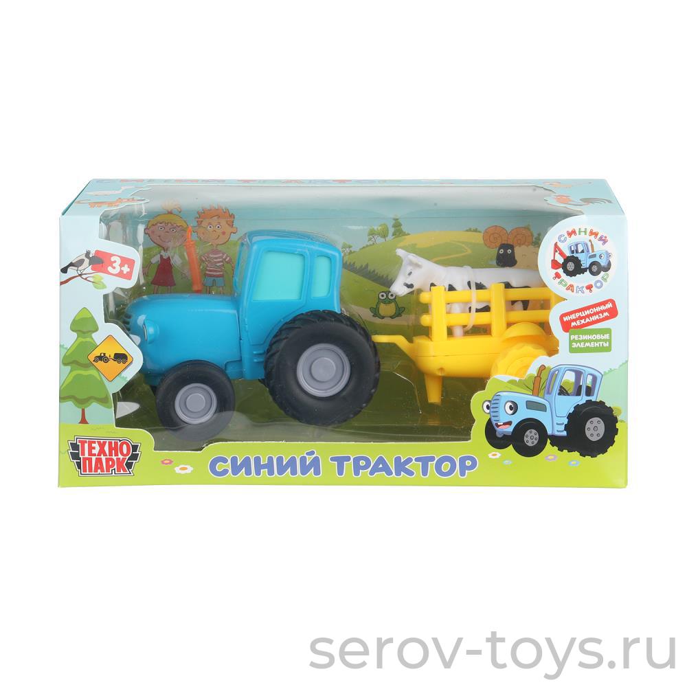 Синий трактор BLUTRA-11-CARTCOW-BU с телегой и коровой  металл11см Технопарк