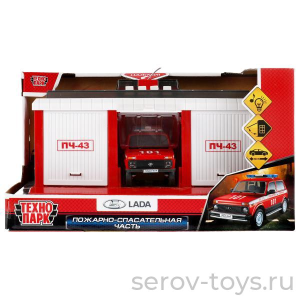 Модель Технопарк GARAGE-22SL1XCAR-FIR Пожарная часть+Lada свет звук